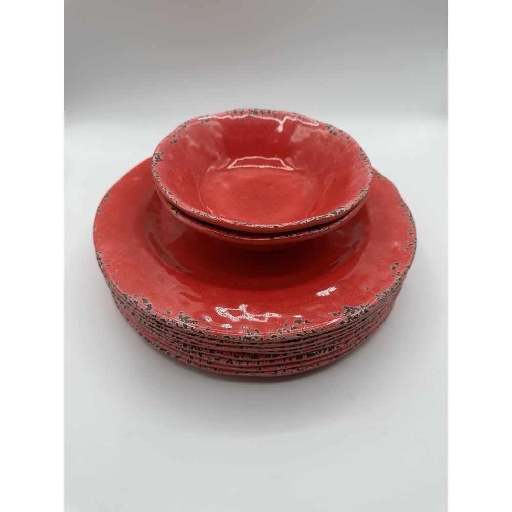 Pier 1 Carmelo Red Melamine Dinnerware Set 10 Pc 11” Plates 7” Bowls Rare